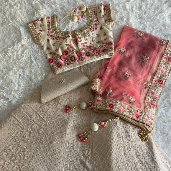 Elegant Cream and Pink Embroidered Lehenga - Picture 1 of 7